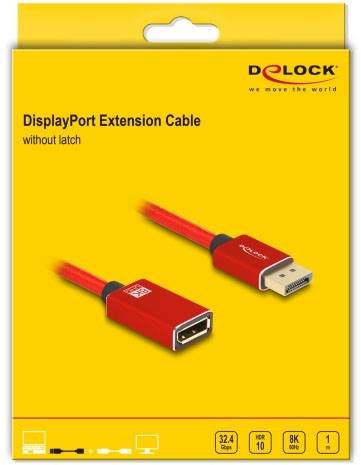 Opakowanie przewodu przedłużającego DisplayPort firmy Delock. Etykieta podkreśla brak blokady, obsługuje 32,4 Gbps, HDR10, 8K, długość 1 metra.