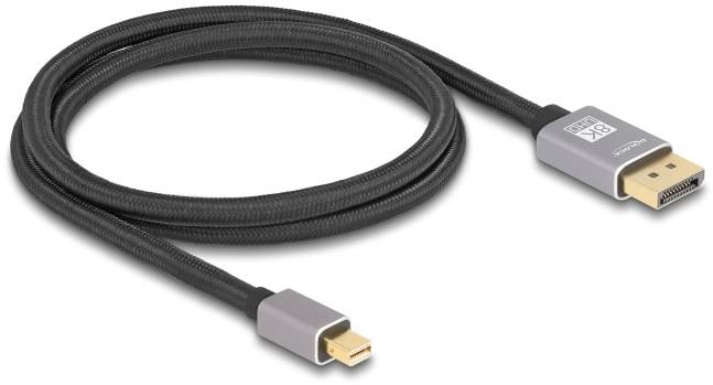 Czarny kabel z wtykiem Mini DisplayPort oraz wtykiem DisplayPort. Możliwy do dostosowania do podłączenia monitorów i komputerów.