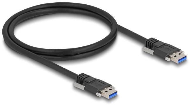 Czarny kabel USB 3.0 z dwoma wtyczkami, odpowiedni do podłączania urządzeń z interfejsami USB, obsługujący szybką transmisję danych.