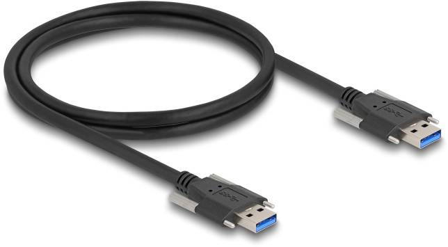 Czarny kabel do transmisji danych z dwoma wtykami USB 3.0. Odpowiedni do szybkiego transferu danych między kompatybilnymi urządzeniami.