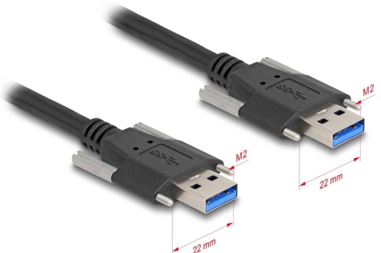Kabel USB z niebieskimi złączami, długość 22 mm na wtyk, z gwintami bocznymi M2 do mocowania.