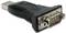 Adapter USB do RS-232 z gniazdem USB po lewej stronie i wtyczką szeregową DB9 po prawej stronie, często używany do podłączania starszych urządzeń.