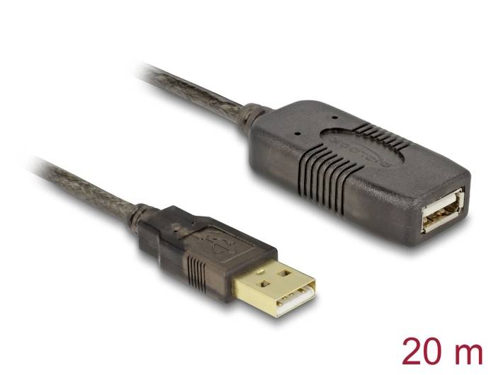 Przedłużacz USB, 20 metrów długości, z czarną wtyczką i gniazdem. Odpowiedni do przedłużania połączeń USB.