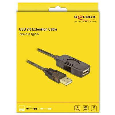 Opakowanie przedłużacza USB 2.0 (Type-A do Type-A) firmy Delock. Kompatybilny z prędkością 480 Mbps, długość 15 m.