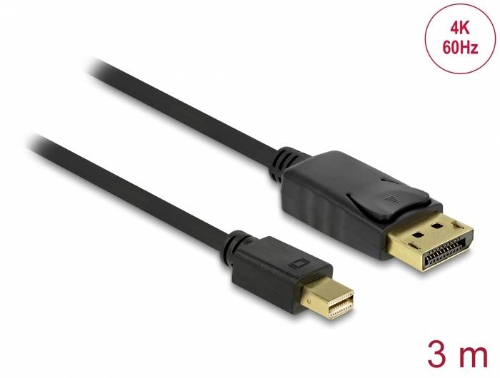 Czarny kabel DisplayPort do Mini DisplayPort, o długości 3 metrów, kompatybilny z rozdzielczością 4K przy 60Hz.