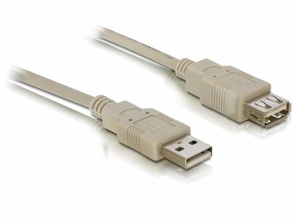 Szary kabel przedłużający USB z wtyczką męską i żeńską, przeznaczony do łączenia urządzeń do transmisji danych.