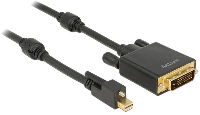 Czarny kabel z wtykiem Mini-DisplayPort po jednej stronie i wtykiem DVI po drugiej. Odpowiedni do przesyłania sygnału wideo.
