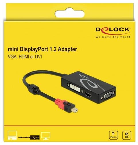 Opakowanie adaptera Delock mini DisplayPort 1.2, kompatybilnego z VGA, HDMI lub DVI, w kolorze czarnym, obsługującego rozdzielczość 4K przy 30 Hz.