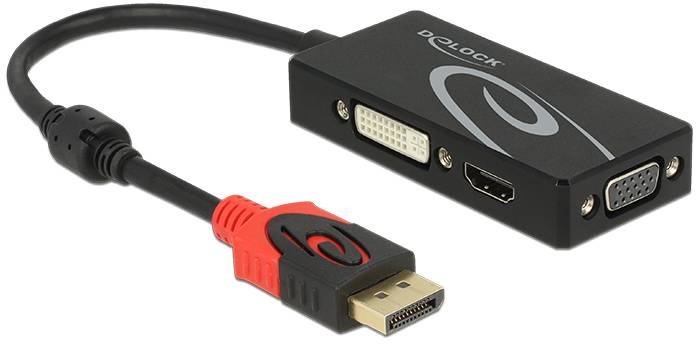 Czarny adapter z wejściami DVI, HDMI i VGA, połączony kablem z wtyczką DisplayPort z czerwonym końcem.