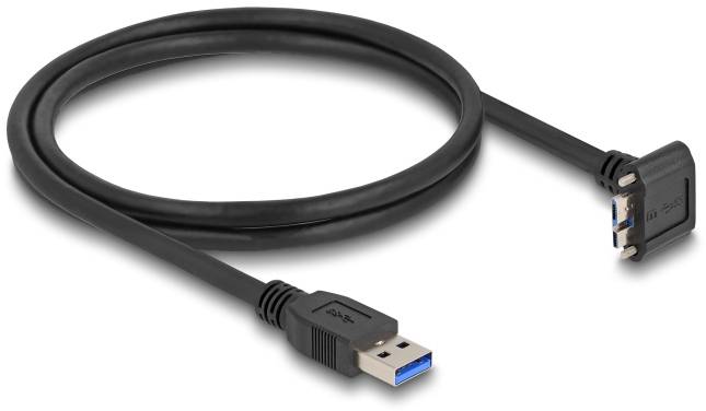 Czarny kabel USB z wtyczką USB-A i kątem zagiętym wtyczką Micro-B. Odpowiedni do przesyłania danych i ładowania.
