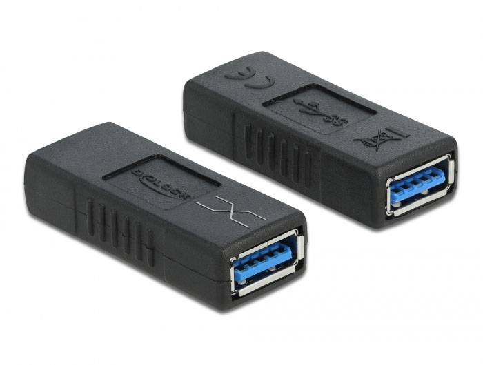 Dwa czarne adaptery USB 3.0 z niebieskimi złączami, leżące na białym tle. Pokazują symbole USB i transferu danych.