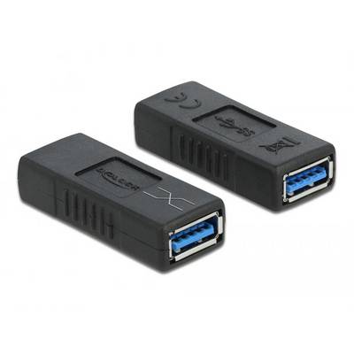Dwa czarne adaptery USB 3.0 z niebieskimi złączami, leżące na białym tle. Pokazują symbole USB i transferu danych.