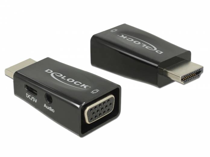Dwa czarne adaptery: jeden z wyjściem VGA oraz portami Audio/USB, drugi z wyjściem HDMI. Widoczna marka 'Delock'.