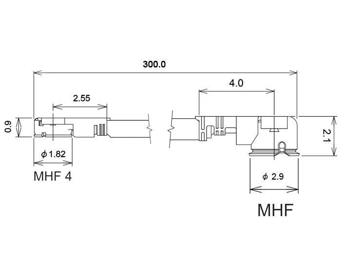 Rysunek techniczny złącza MHF, przedstawiający wymiary i parametry: długość całkowita 300 mm, średnica 1,82 mm i 2,9 mm.