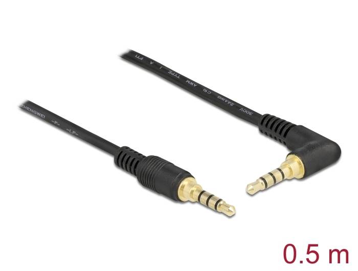 Obraz przedstawia 0,5-metrowy kabel audio z dwoma stereofonicznymi wtyczkami jack 3,5 mm. Jedna z wtyczek jest kątowa.