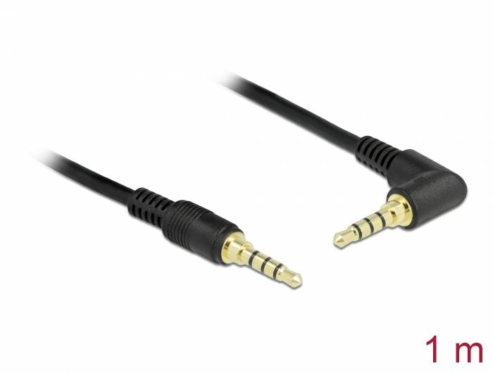 Czarny kabel audio z dwoma końcówkami jack 3,5 mm, jeden prosty, drugi kątowy. Długość kabla: 1 metr.