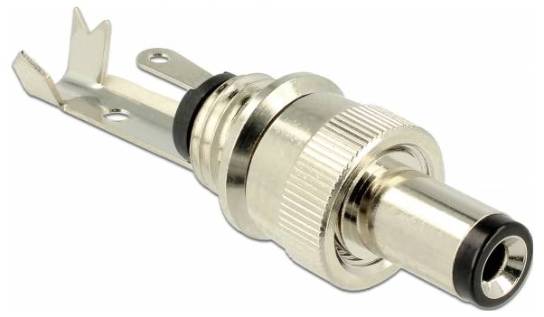 Srebrny złącz z dwoma otworami mocującymi i czarną końcówką, najczęściej stosowany w połączeniach audio lub wideo.