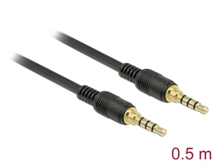 Dwa czarne kable audio 3,5 mm ze złoconymi wtyczkami, długość 0,5 m.