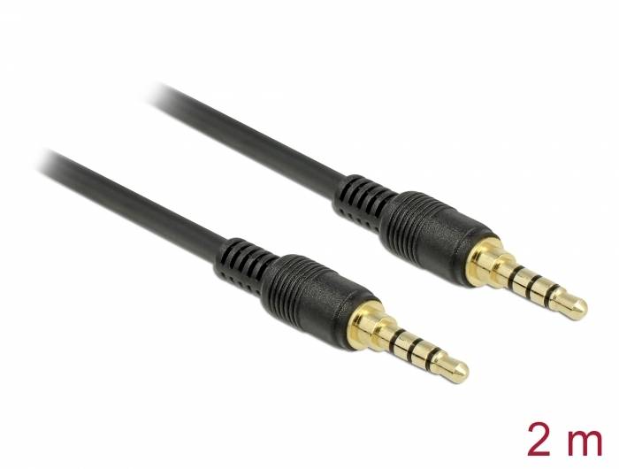 Dwa czarne kable audio jack 3,5 mm ze złoconymi wtykami. Długość: 2 metry. Odpowiednie do połączeń audio między urządzeniami.