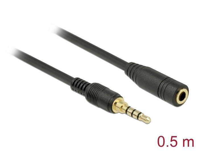 Czarny kabel audio z wtyczką jack 3,5 mm i gniazdem. Długość: 0,5 metra.