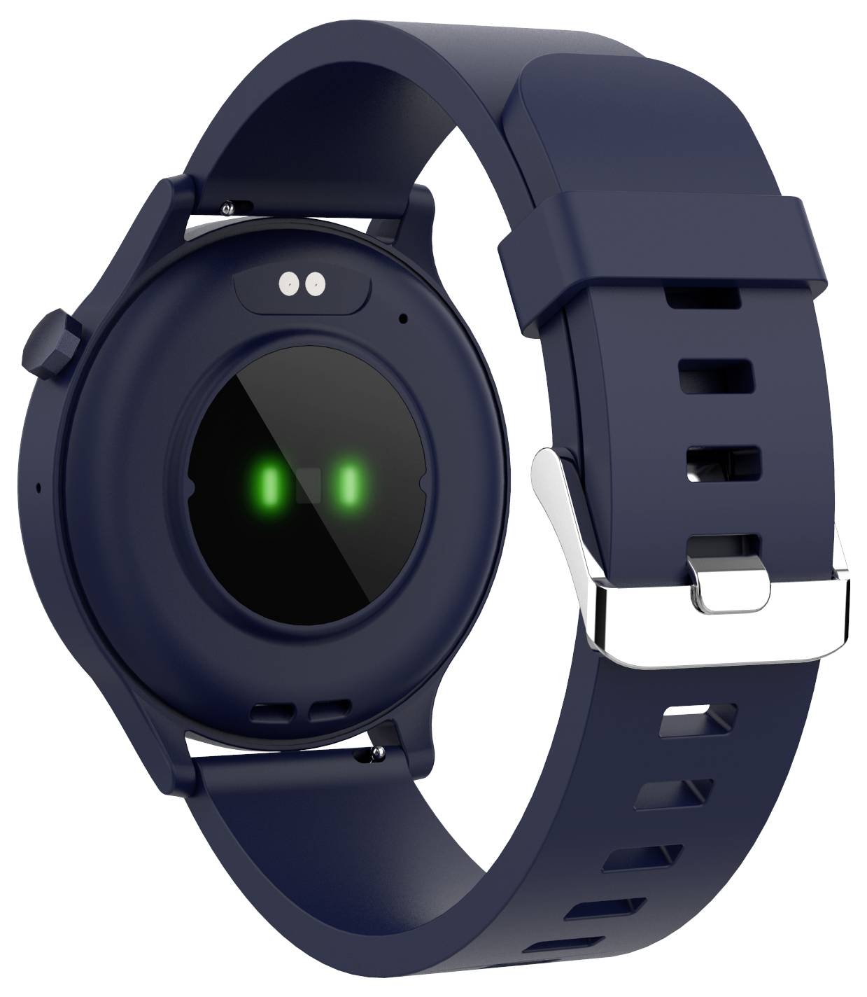 Ciemny smartwatch z okrągłą kopertą i silikonowym paskiem. Na tylnej stronie świecą się zielone czujniki do pomiaru tętna.