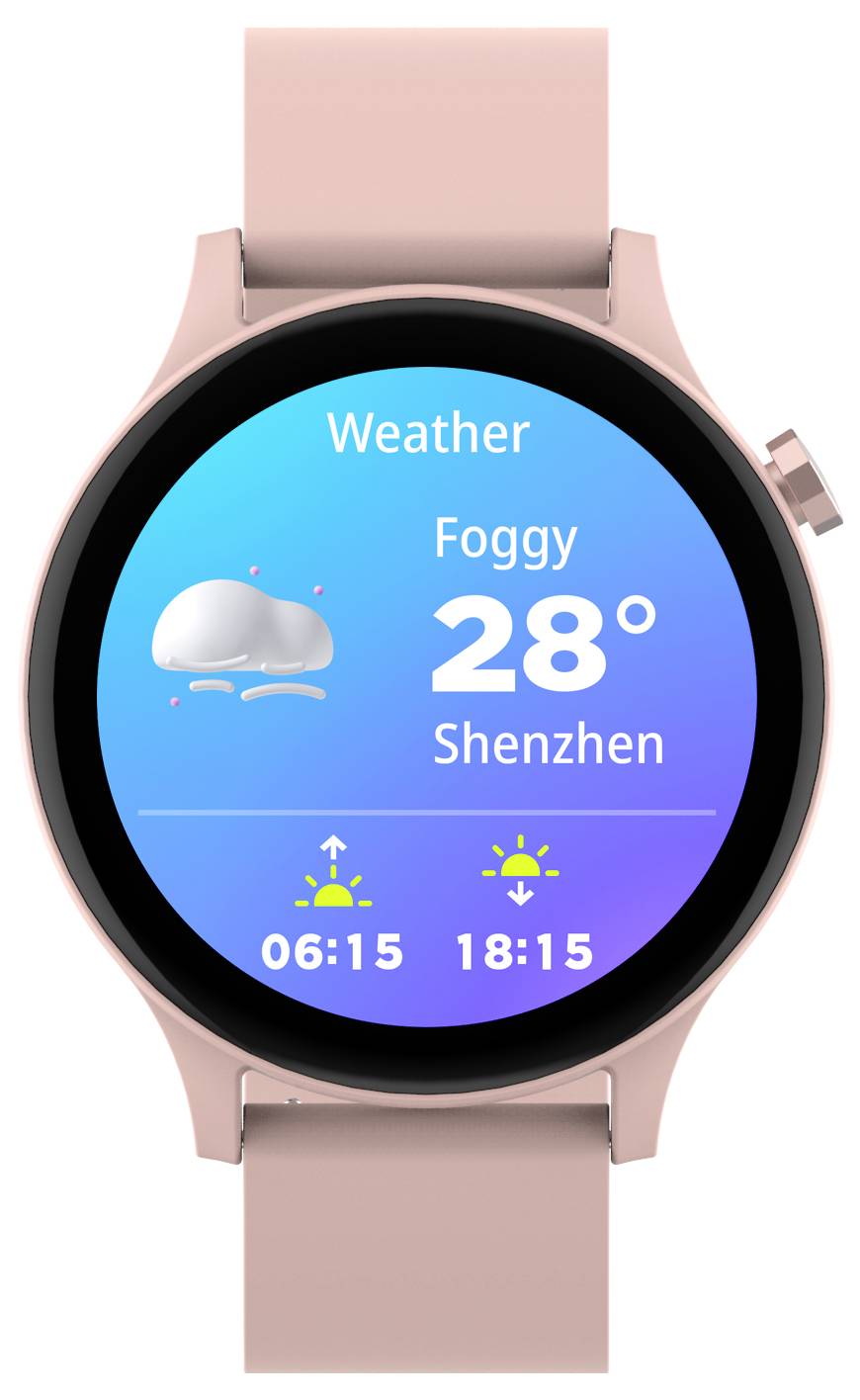 Smartwatch z informacją pogodową: 'Mgła', 28 stopni Celsjusza w Shenzhen, wschód słońca o 06:15, zachód słońca o 18:15.