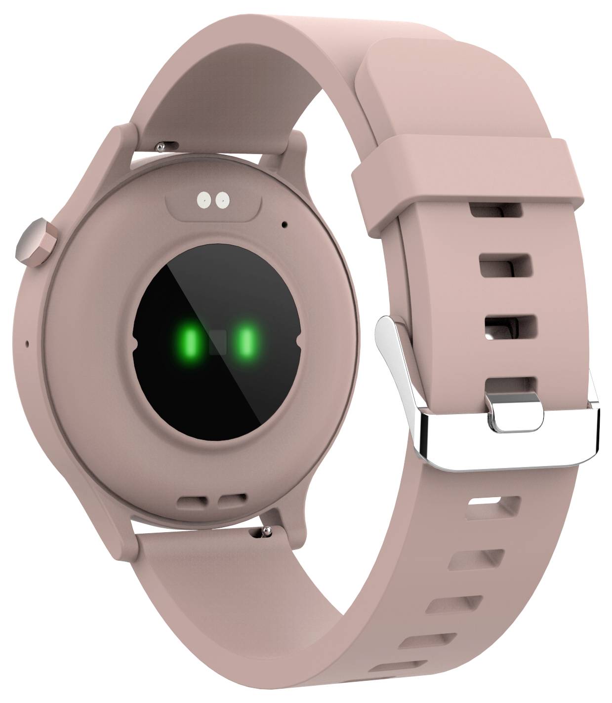 Smartwatch z różowym paskiem, widok od tyłu, pokazujący czujniki do pomiaru tętna. Idealna do śledzenia aktywności fizycznej i monitorowania zdrowia.