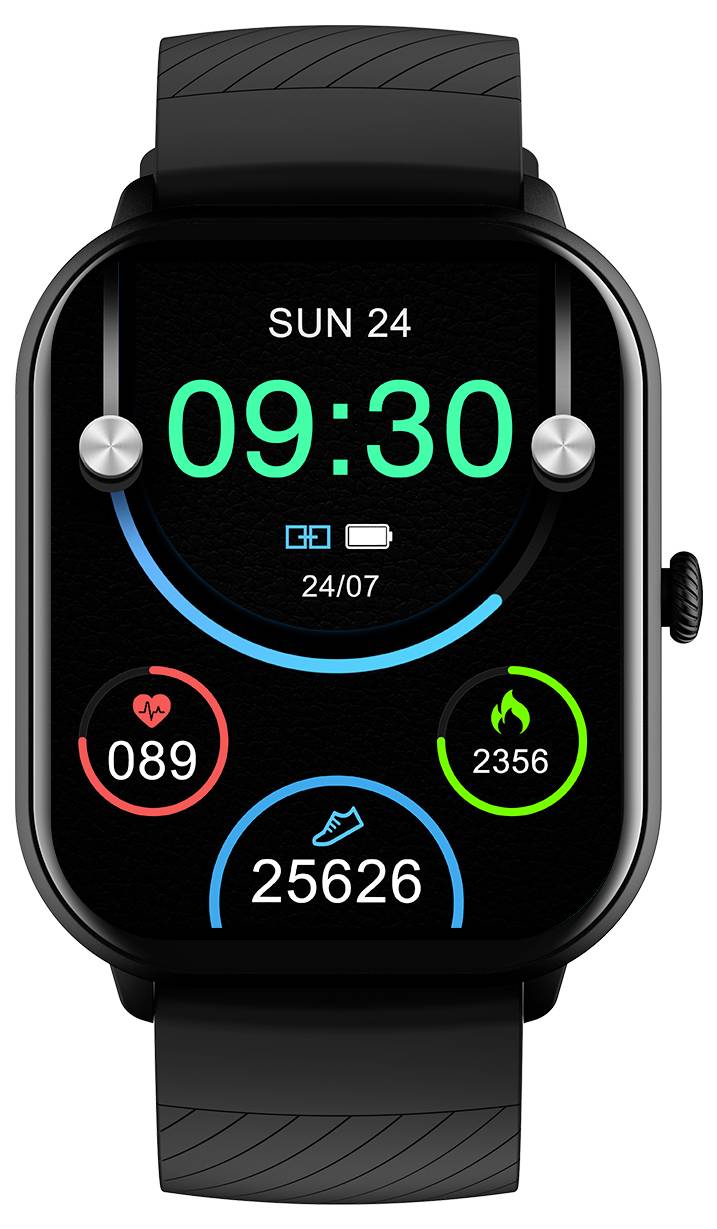 Czarna smartwatch pokazuje godzinę 09:30, datę 'Niedziela 24'. Kroki: 25626, Tętno: 89 uderzeń/min, Kalorie: 2356 kcal. Stan baterii 24/07.