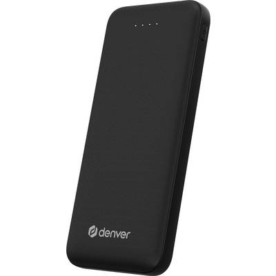 Czarna powerbank firmy Denver z czterema wskaźnikami ładowania na górze i logo marki na dole.
