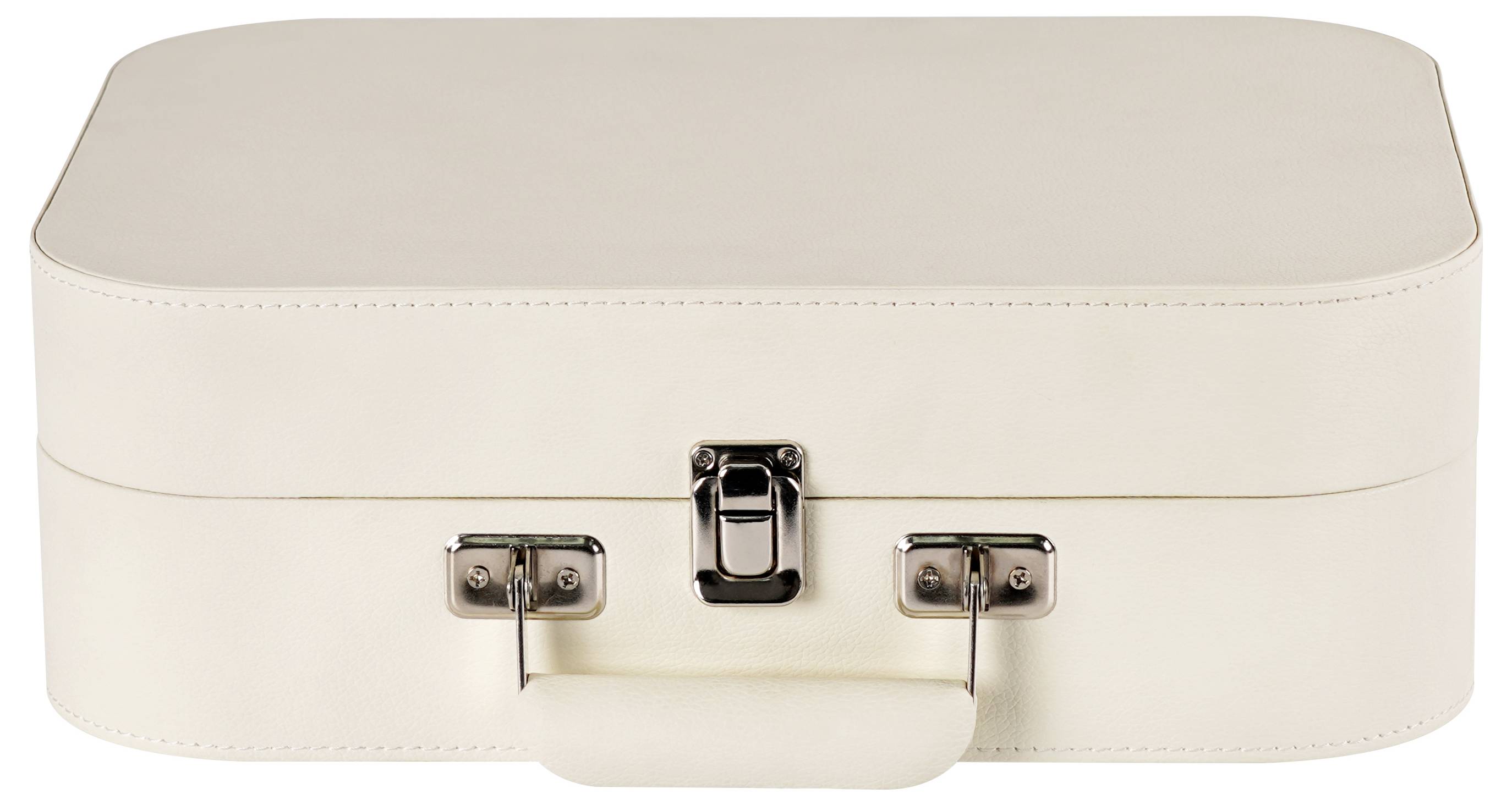 Kremowy skórzany kufer z srebrnym zamkiem i uchwytem.