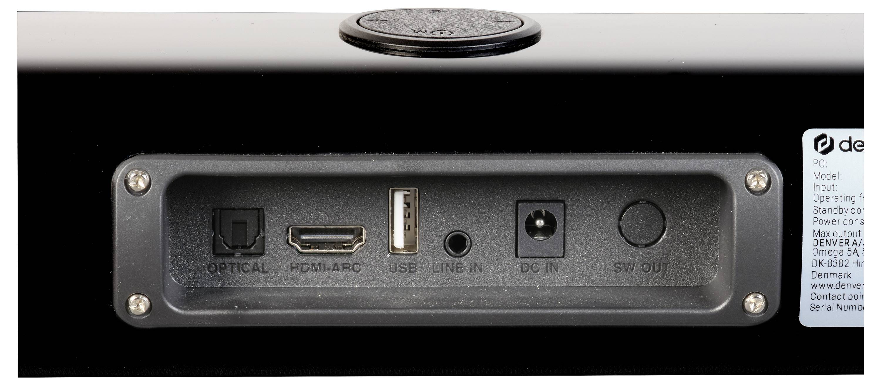 'Złącza z tyłu urządzenia: złącze optyczne, HDMI/ARC, USB, wejście liniowe, wejście zasilania DC, wyjście subwoofera.'