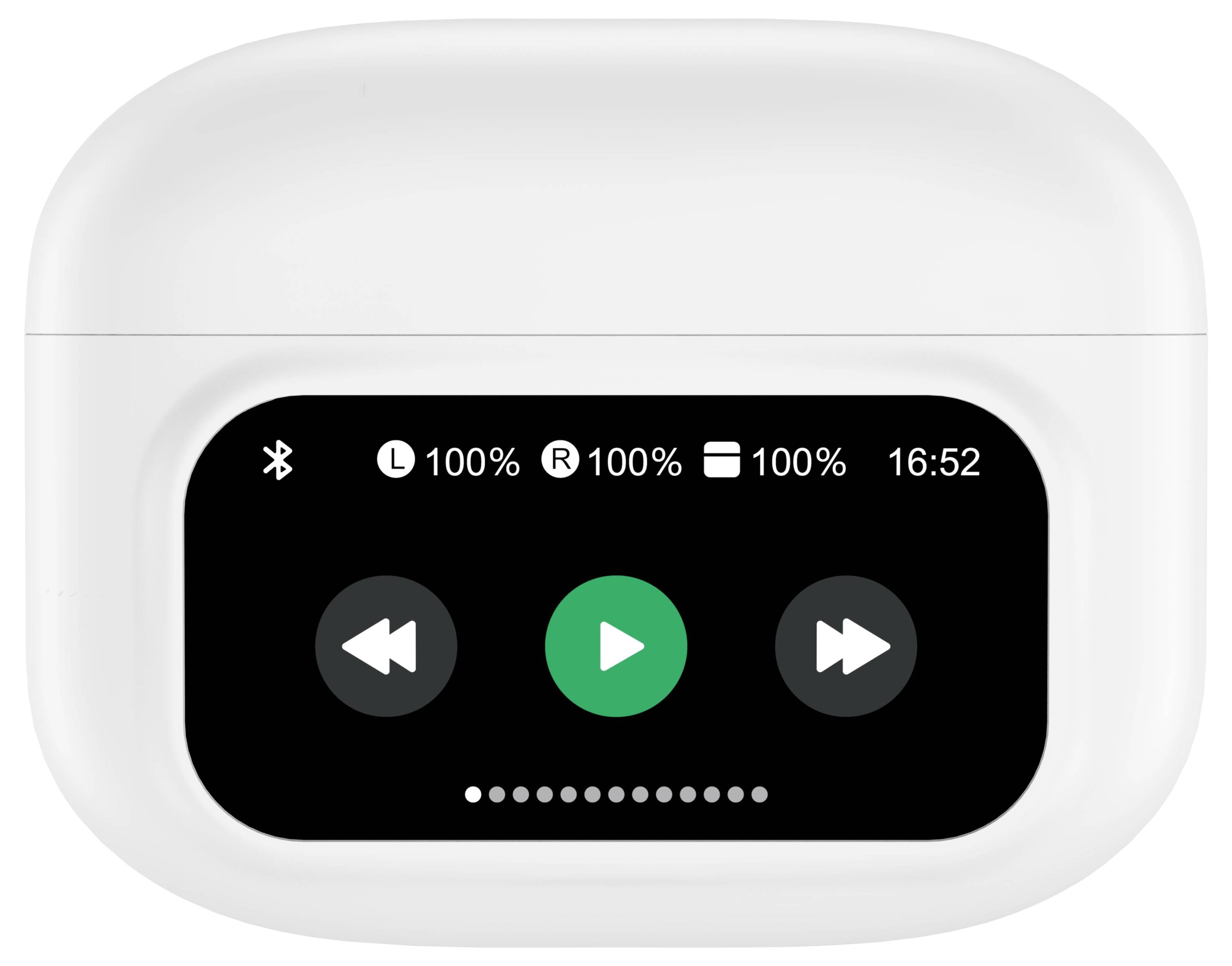 Biała obudowa słuchawek z wyświetlaczem. Wyświetla symbol Bluetooth, stan naładowania akumulatora po lewej i prawej stronie na 100%, sterowanie odtwarzaniem, godzina 16:52.