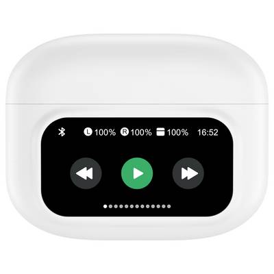 Biała obudowa słuchawek z wyświetlaczem. Wyświetla symbol Bluetooth, stan naładowania akumulatora po lewej i prawej stronie na 100%, sterowanie odtwarzaniem, godzina 16:52.
