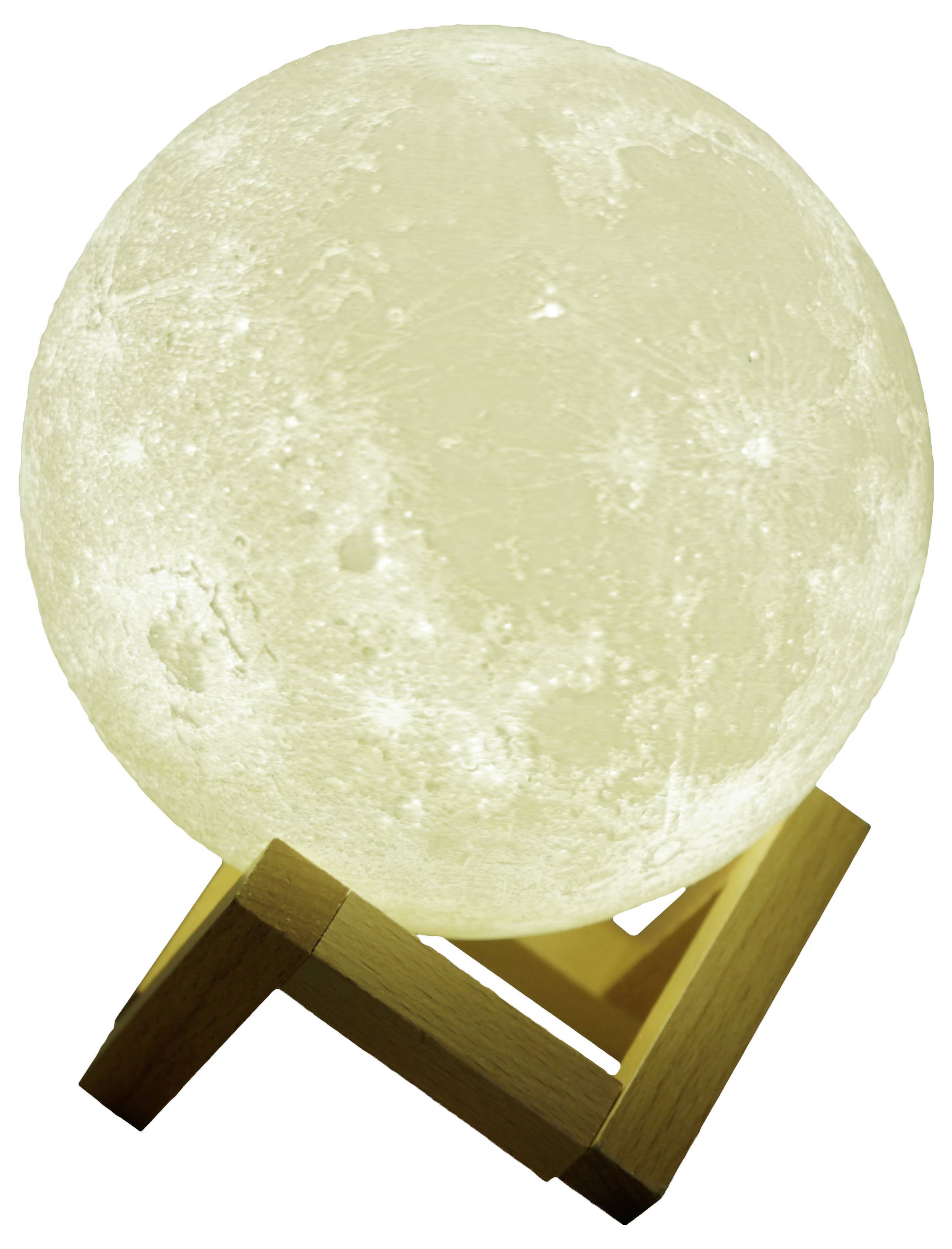 Dekoracyjna lampa w kształcie pełni księżyca na drewnianym stojaku, emitująca miękkie, żółtawe światło.