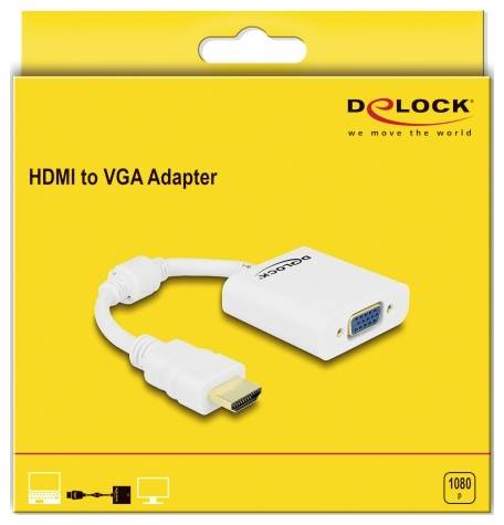 Żółte opakowanie prezentuje adapter 'HDMI do VGA' firmy Delock. Zdjęcie produktu przedstawia adapter z interfejsami HDMI i VGA, odpowiedni do przesyłania wideo w rozdzielczości 1080p.