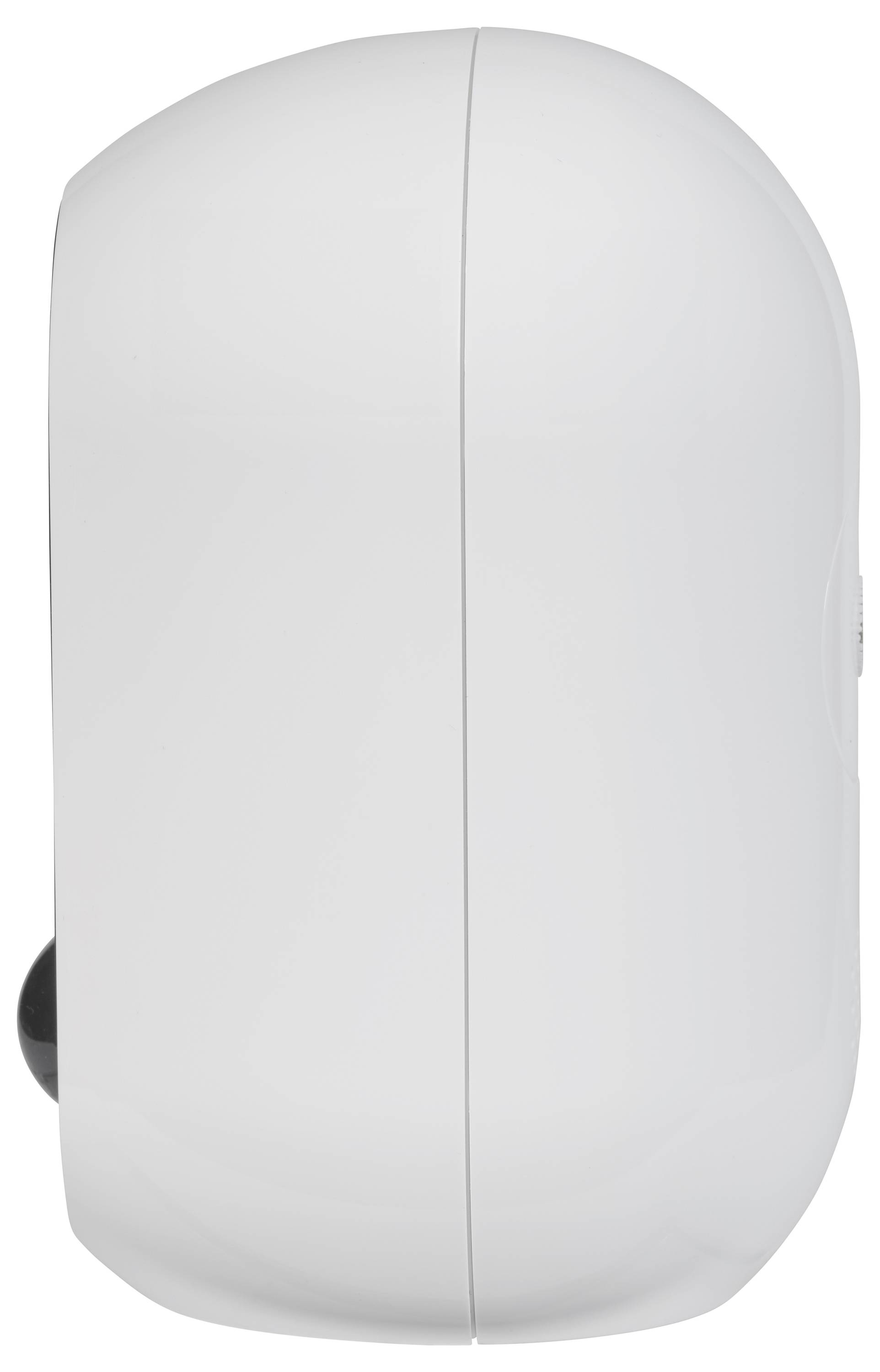 Biała, owalna butelka dozownika do mydła, przedstawiona z boku, z umieszczonym nisko mechanizmem pompującym.