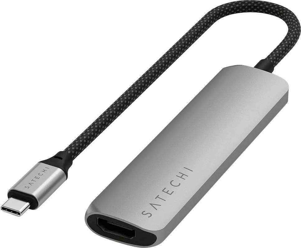 Srebrny adapter USB-C z wyjściem HDMI firmy Satechi, podłączony plecionym przewodem.