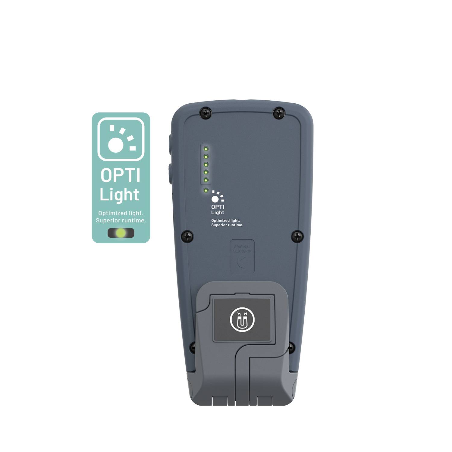 Szare ładowanie z wyświetlaczem LED i etykietą 'OPTI Light'. Wskazuje stan naładowania i zoptymalizowaną wydajność świetlną.