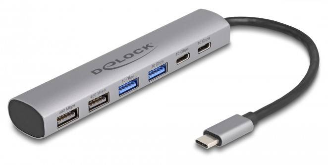 USB-хаб Delock 64232 4+2 порти USB-A, USB-C® USB 3.2 Gen2 10 Гбіт/с з штекером USB-C сірого кольору 64232