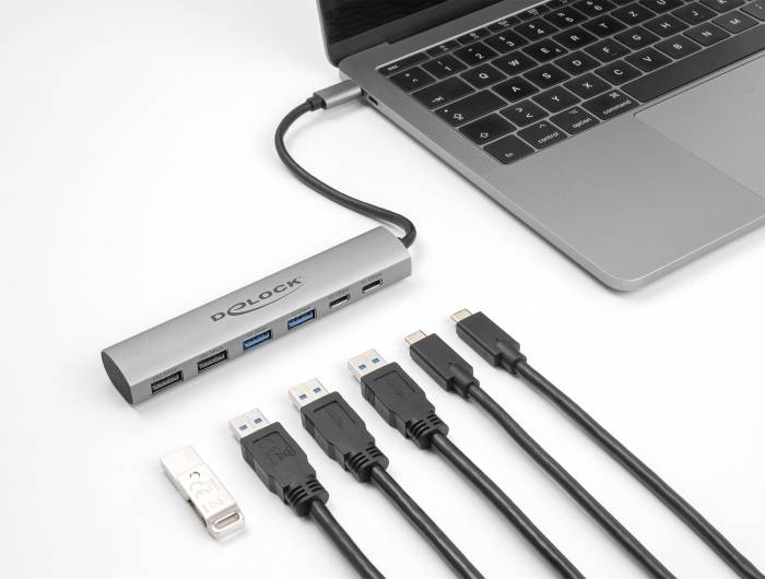 USB-хаб Delock 64232 4+2 порти USB-A, USB-C® USB 3.2 Gen2 10 Гбіт/с з штекером USB-C сірого кольору 64232