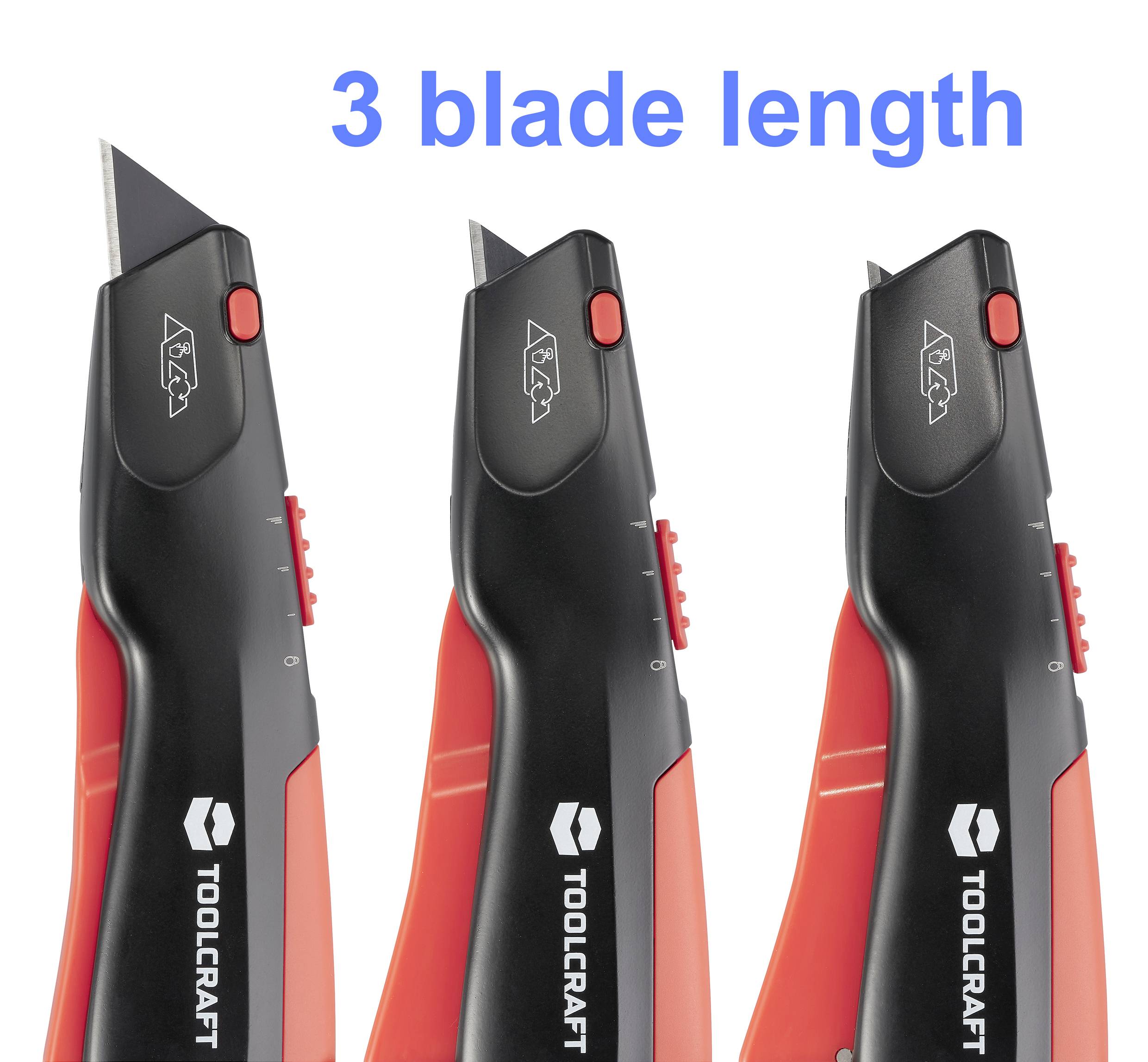 Trzy czarne i czerwone noże składane z różnymi długościami ostrzy. Na górze napis '3 blade length' niebieskim drukiem.