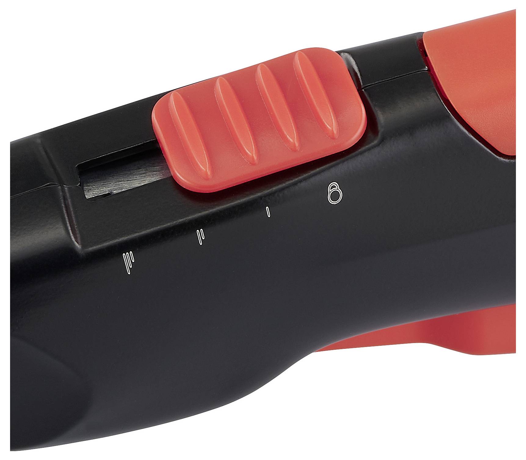 Zbliżenie narzędzia ręcznego w kolorach czarnym i czerwonym z przesuwnym regulatorem, który wskazuje różne ustawienia.