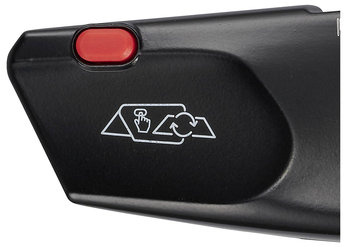 Czarny zamek pasa bezpieczeństwa z czerwonym przyciskiem i etykietą z symbolami instrukcji obsługi.