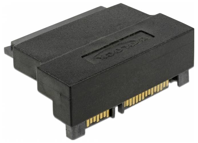 Czarny adapter SATA ze złoconymi stykami, przeznaczony do łączenia dwóch kabli SATA do przesyłu danych lub zasilania.