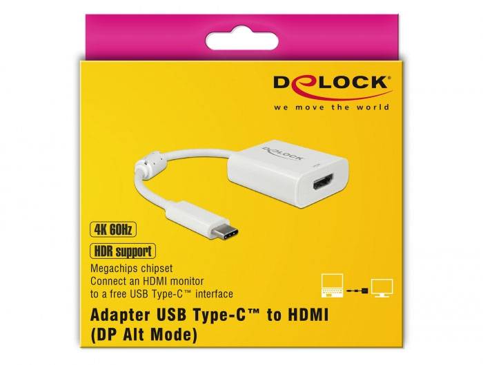 Opakowanie adaptera Delock z USB Type-C na HDMI, w kolorze żółtym z białym zdjęciem adaptera. Obsługuje rozdzielczość 4K 60Hz oraz HDR.