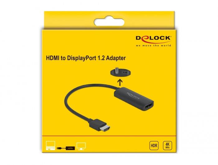 Opakowanie adaptera Delock z HDMI na DisplayPort 1.2, prezentujące adapter i złącze. Obsługuje HDR, 4K, zawiera ilustracje kompatybilnych urządzeń.