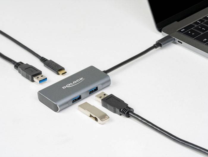 Delock 63261 USB-Hub 3+1 Port USB-A, USB-C® USB 3.2 Gen2 10 GBit/s z wtyczką USB-C czarny, szary 63261-3