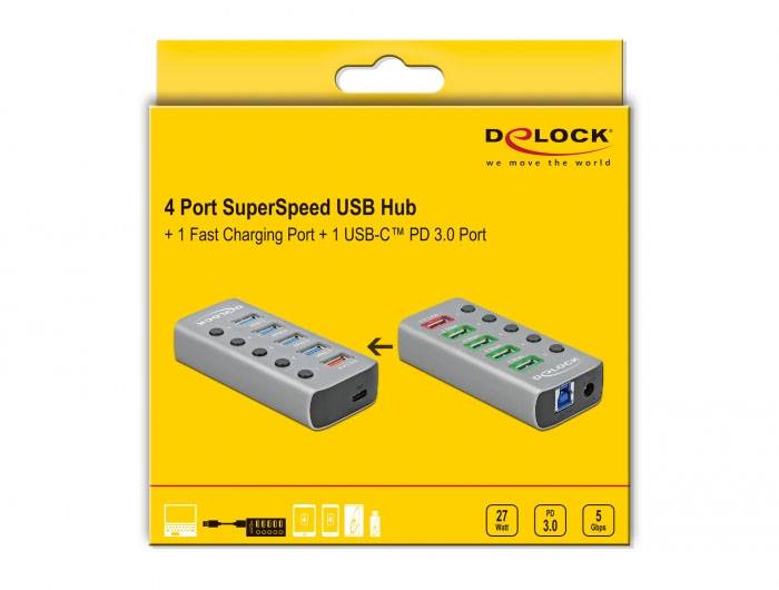 Delock 63263 USB-Hub 4 porty USB-A USB 3.1 Gen1 5 GBit/s szary 63263-5