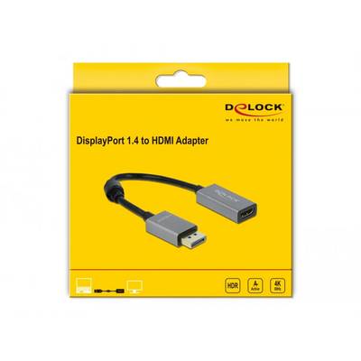 Adapter DisplayPort 1.4 na HDMI w żółtym opakowaniu firmy Delock, odpowiedni do wyświetlania HDR i 4K.
