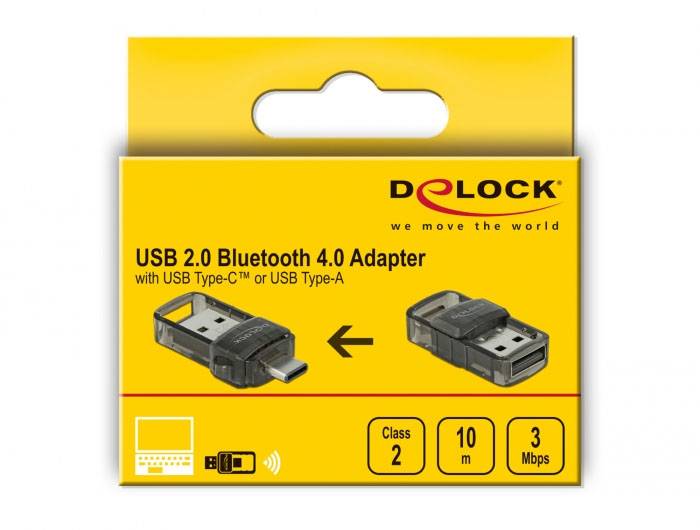 Opakowanie 'DELOCK Adapter Bluetooth 4.0 USB 2.0'. Adapter z złączem USB Type-C lub USB Type-A. Zasięg 10 m, prędkość 3 Mbps.